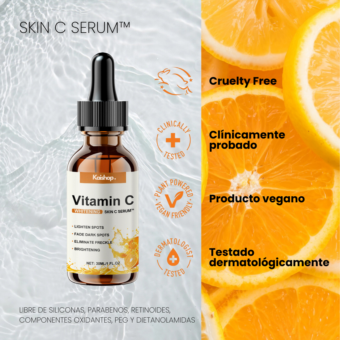 SERUM CONCENTRADO de VITAMINA C. COLÁGENO y ÁCIDO HIALURÓNICO - SKIN C SERUM™ (1 + 2 GRATIS)