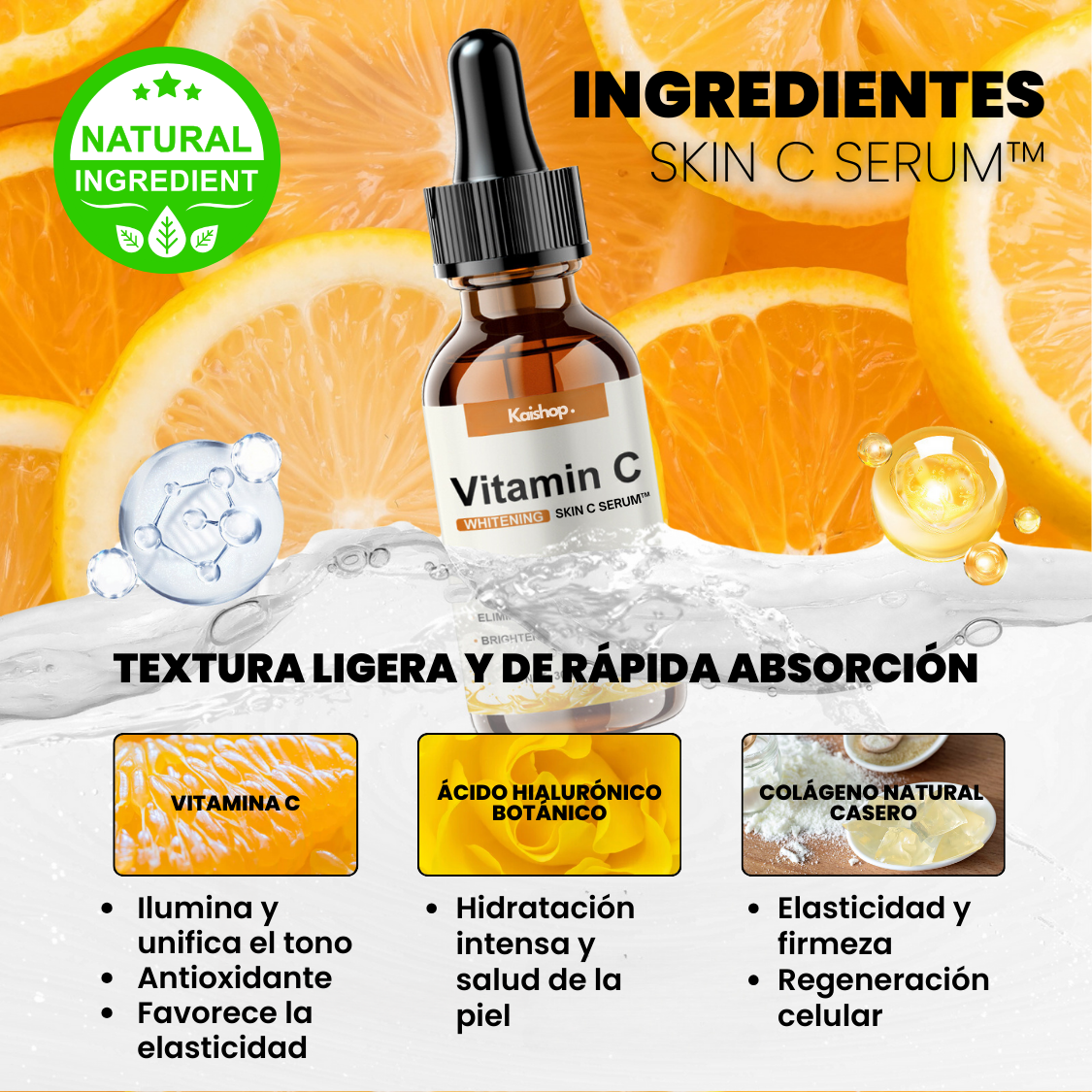 SERUM CONCENTRADO de VITAMINA C. COLÁGENO y ÁCIDO HIALURÓNICO - SKIN C SERUM™ (1 + 2 GRATIS)